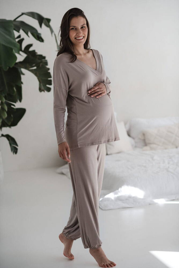 Bambusowa bluzka od piżamy ciążowej do karmienia długi rękaw Moon Milk&Love beżowy