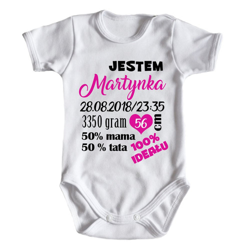 Body krótki rękaw z metryczką różowy napis Moocha biały