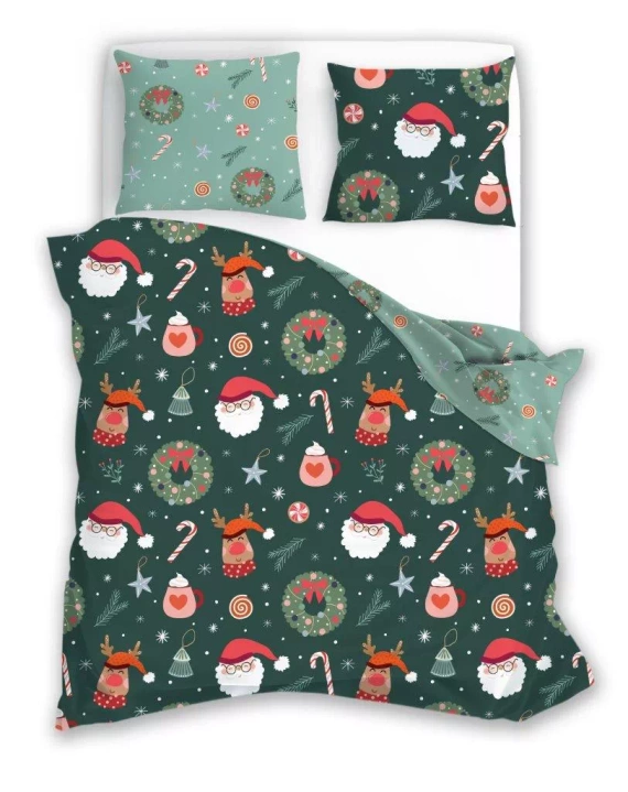 Holly Jolly 006 Faro Pościel świąteczna biała zielona choinki – miękka satynowa mikrofibra, komplet z poszewkami
