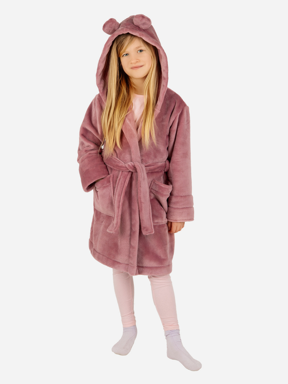 Szlafrok dziecięcy z uszami Teddy ByShelly - brudny róż