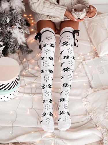 1139 Zakolanówki damskie świąteczne Milena biały czarny