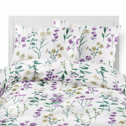 5634 B Detexpol Pastel Flowers biała w polne kwiaty fioletowo-żółte pościel flanelowa bawełniana, miękka i przytulna