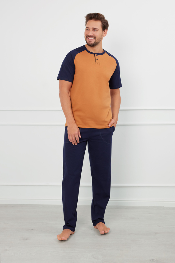 Piżama Męska krótki rękaw, długie spodnie Aleksander talian Fashion - koniak/granat