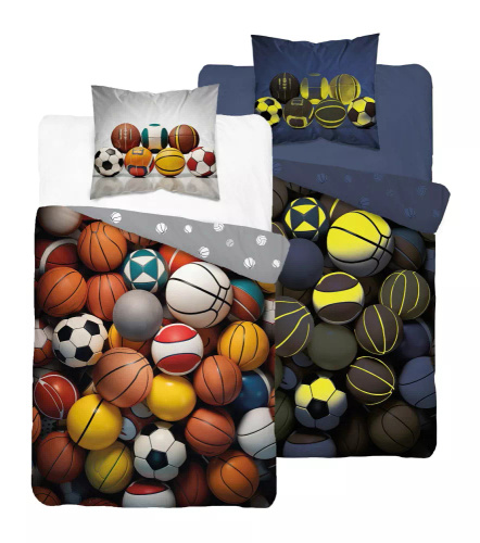 Pościel świecąca w ciemności 140x200 mix piłek sportowych 5552 A Fluo 95 + poszewka 70x90 | 100% bawełna | Dla dzieci