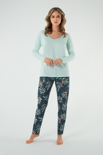 Piżama Damska długi rękaw i spodnie Julietta Italian Fashion -  pistacjowy/druk 