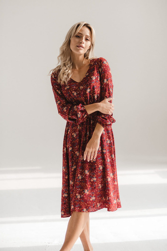 Milk&Love Lovely Dress Midi – sukienka do ciąży i karmienia, bordowa w kwiatki, długi rękaw