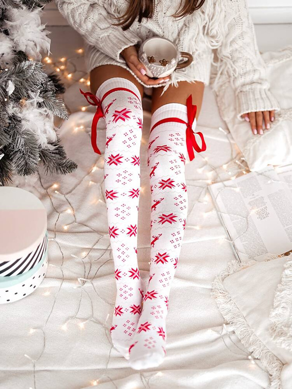 1139 Zakolanówki damskie świąteczne Milena biały czerwony