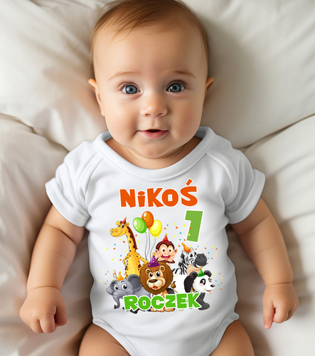 Body krótki rękaw na roczek "Roczek urodziny z imieniem Safari" Moocha biały