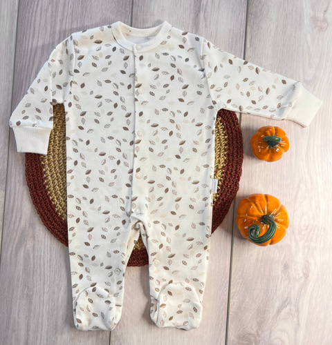 Bawełniany pajacyk niemowlęcy Mamatti PA15440 listki – zapinany na napy