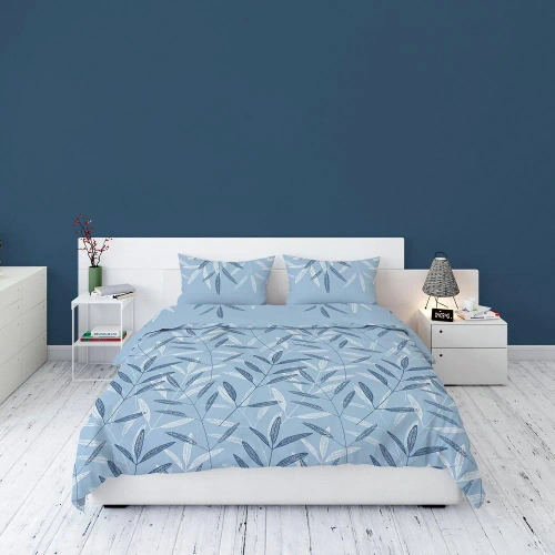 Pościel flanelowa liście łąka 4519 B Detexpol niebieski 