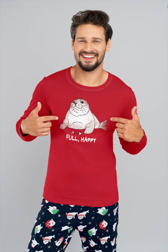 Piżama Męska długi rękaw, długie spodnie Elder Italian Fashion - czerwony/druk granatowy 