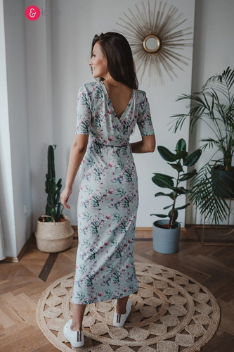 Two Ways LONG Sukienka do karmienia ciążowa krótki rękaw Milk&Love miętowa w magnolie i ptaki
