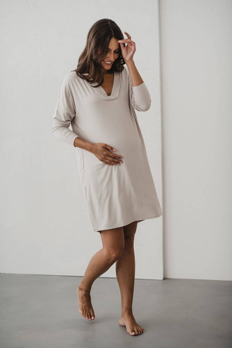 Bambusowa koszula nocna ciążowa i do karmienia długi rękaw Moon Milk&Love jasny beż