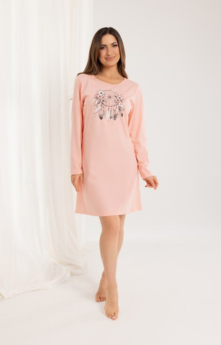 Regina 162 koszula nocna bawełniana morelowa – długi rękaw, nadruk, przed kolano