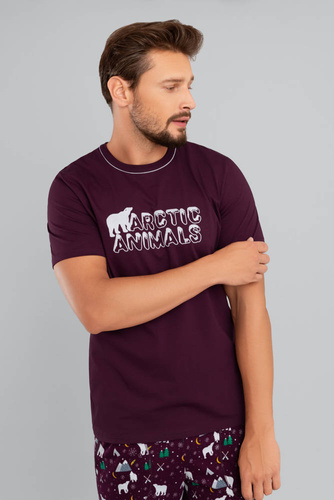 Piżama Męska krótki rękaw, długie spodnie Manfred Italian Fashion - burgund/druk burgund