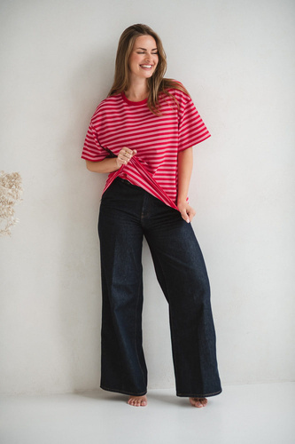 T-shirt do karmienia i ciąży Mamahood oversize z krytymi zamkami OEKO-TEX Milk&Love czerwono-różowe paski