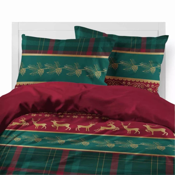 5620 B Magia Świąt Detexpol Pościel świąteczna flanelowa czerwona z reniferami i kratą– bawełna 100%, certyfikat OEKO-TEX®