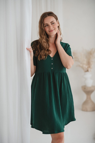 Koszula nocna ciążowa i do karmienia muślinowa Aurora Milk&Love butelkowa zieleń