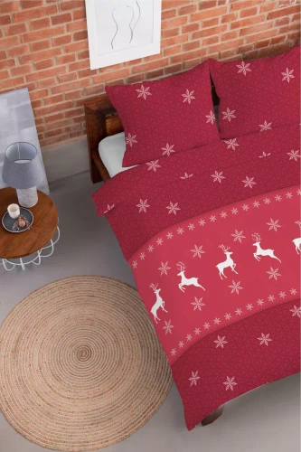 5621 A Magia Świąt Detexpol Pościel świąteczna flanelowa czerwona w renifery i śnieżynki – bawełna 100%, certyfikat OEKO-TEX®