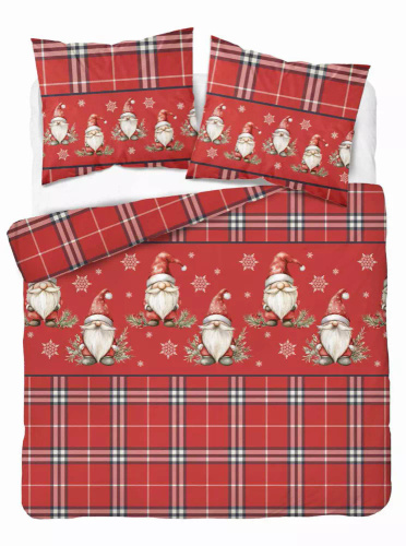 5622 A Magia Świąt Detexpol Pościel świąteczna flanelowa czerwona w kratę ze skrzatami i śnieżynkami – bawełna 100%, certyfikat OEKO-TEX®