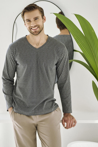 Luca 3481 – piżama męska z bawełny, grafit, długi rękaw