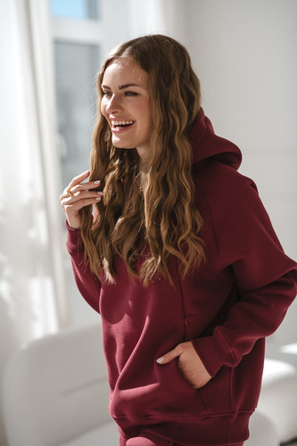 Motherhood Milk&Love – bluza ciążowa oversize z zamkami do karmienia, burgundowa bawełna z meszkiem