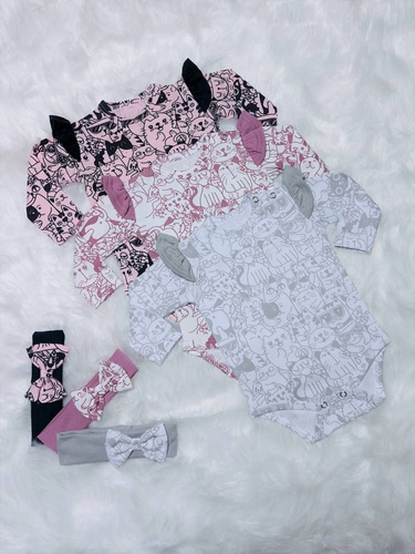 Body z długim rękawem Kotki Bambarillo biały-szary