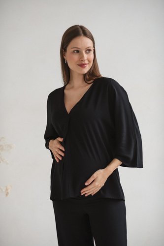 Milk&Love Bluzka ciążowa i do karmienia Mamafullness czarna wiskoza, oversize, rękaw 3/4