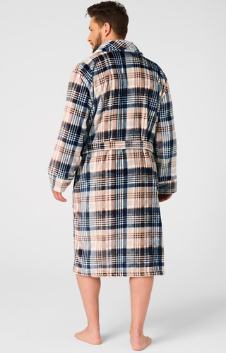 Key MGL 443 szlafrok męski beżowy – kratka, miękka dzianina soft, kołnierz