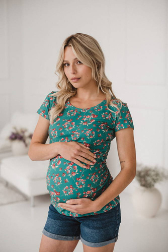 Bluzka do karmienia i ciążowa z krótkim rękawem Milk Shirt Milk&Love zielony w kwiatki