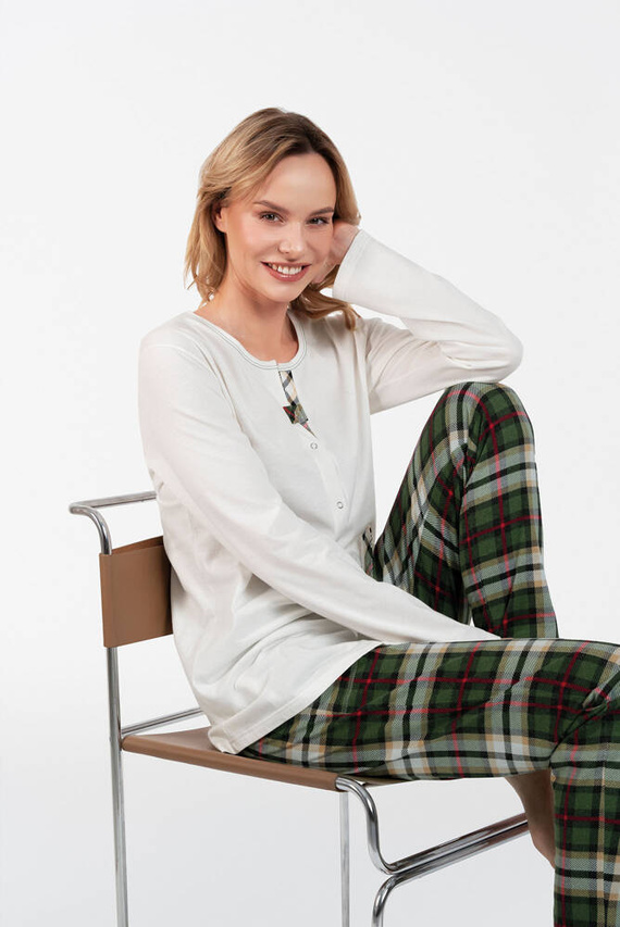 Piżama Damska rozpinana długi rękaw, długie spodnie Asama Italian Fashion ecru/druk