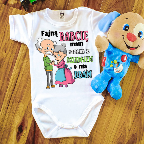 Body krótki rękaw "Fajną babcię mam razem z dziadkiem o nią dbam" Moocha biały