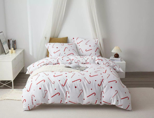 Świąteczna pościel satynowa z bawełny Candycanes Spod Igły i Nitki biała czerwona cukierki– gładka i elegancka