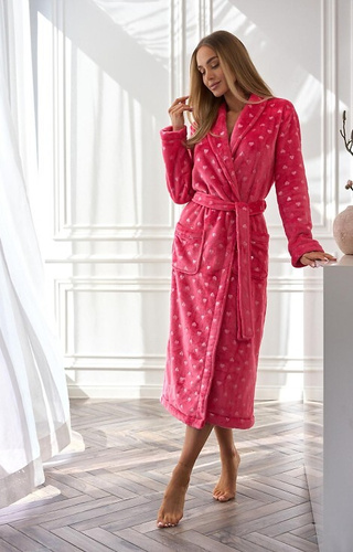Cora 2552 L&L malinowy – długi szlafrok damski z serduszkami