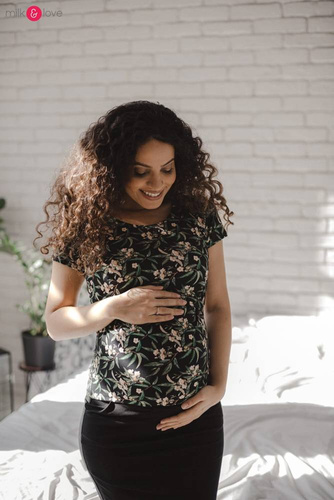 Bluzka do karmienia i ciążowa z krótkim rękawem Milk Shirt Milk&Love w listki na czarnym