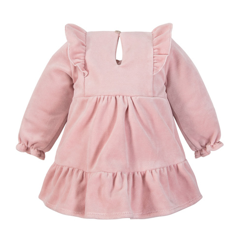 Różowa sukienka welurowa Fluffy Tails Eevi – długi rękaw, falbanki na ramionkach