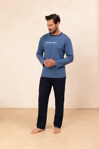 Piżama męska Regina 494 granatowa– bawełna, długi rękaw, wygodna i praktyczna