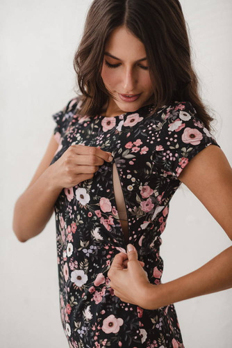 Milky dress sukienka do karmienia krótki rękaw Milk&Love kwiaty na czarnym