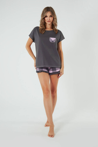 Piżama Damska krótki rękaw, spodenki Arete Italian Fashion - grafit/druk