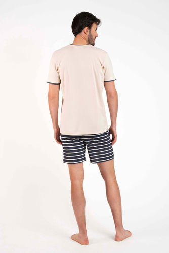 Piżama Męska krótki rękaw, spodenki Lars talian Fashion - beżowy/druk grafitowy