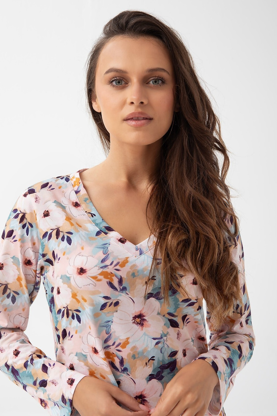 Damska koszula nocna Luna 288 miętowy– bawełna, kwiaty, długi rękaw, kobieca i wygodna