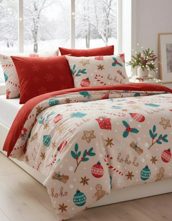 Scandic 082 Scandic Faro beżowo-czerwona z pierniczkami – pościel świąteczna dwustronna, bawełna 100%, komplet