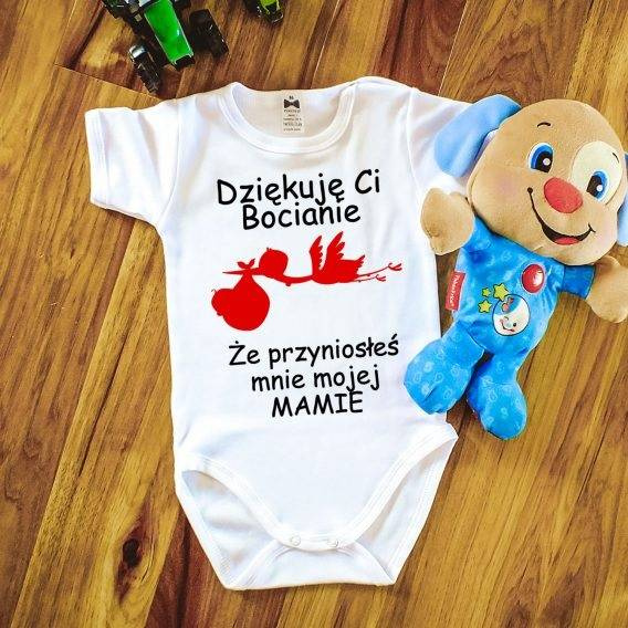 "Dziękuję ci bocianie" body krótki rękaw Moocha biały