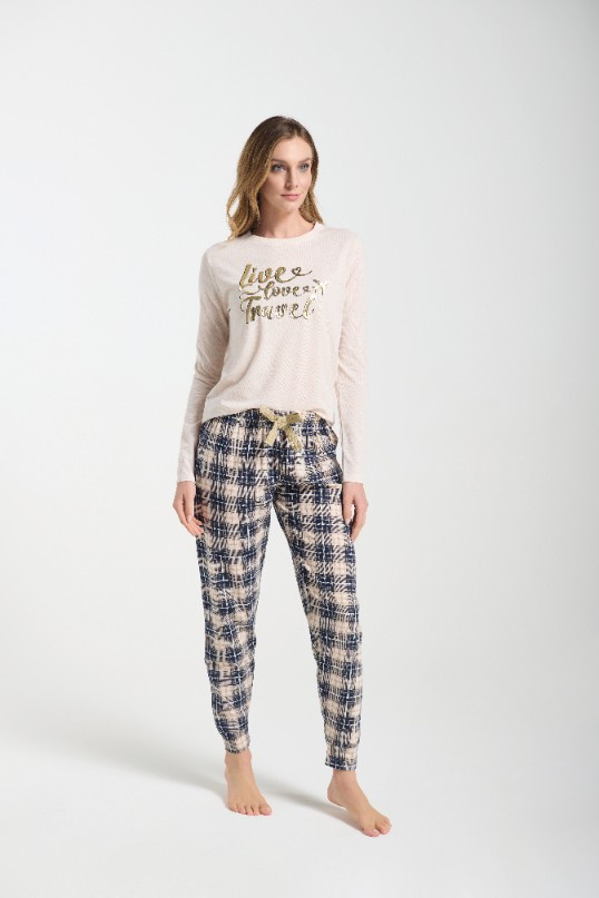 Bessy Sorbetto beżowa – damska piżama z jerseyu, ze złotym nadrukiem i spodniami w kratkę