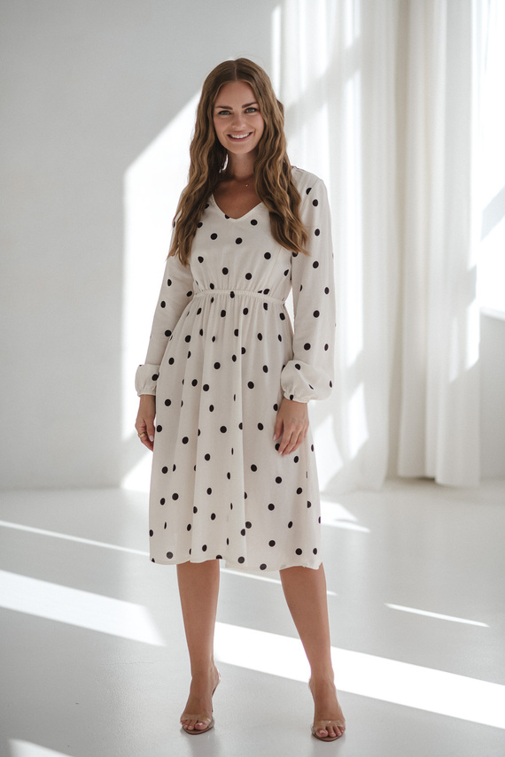 Sukienka ciążowa i do karmienia Lovely Dress Midi Milk&Love kremowa w grochy– naturalna tkanina z lnem, elegancka midi z zamkami do karmienia