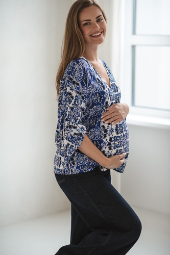Milk&Love Bluzka ciążowa i do karmienia Bahama Mama print Azul– wiskoza, oversize, rękaw 3/4