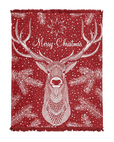 Koc świąteczny z frędzlami 082 JB renifer Detexpol czerwony