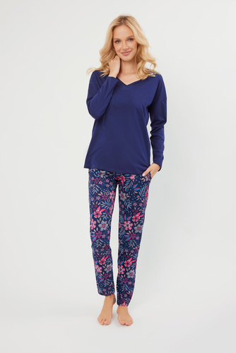 Piżama Damska długi rękaw, długie spodnie Folk Italian Fashion - granatowy/druk
