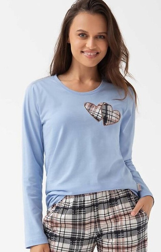 Luna 322 niebieska  – bawełniana piżama damska, serduszka i spodnie w kratkę