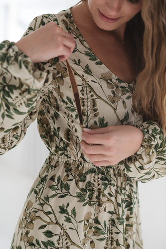 Sukienka ciążowa i do karmienia Lovely Dress Midi Milk&Love w zielone kwiaty– naturalna tkanina z lnem, elegancka midi z zamkami do karmienia